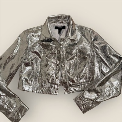 FOREVER 21 Women s Silver Metallic Cropped Jacket Collared Button Front M