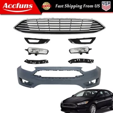 Black Front Bumper Cover+Upper Grille+Fog Light For 2015-2018 Ford Focus