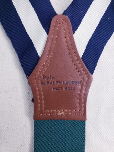 Vintage Polo By Ralph Lauren Stripe Suspenders Leather Brass Rare Made In USA - Picture 3 of 8