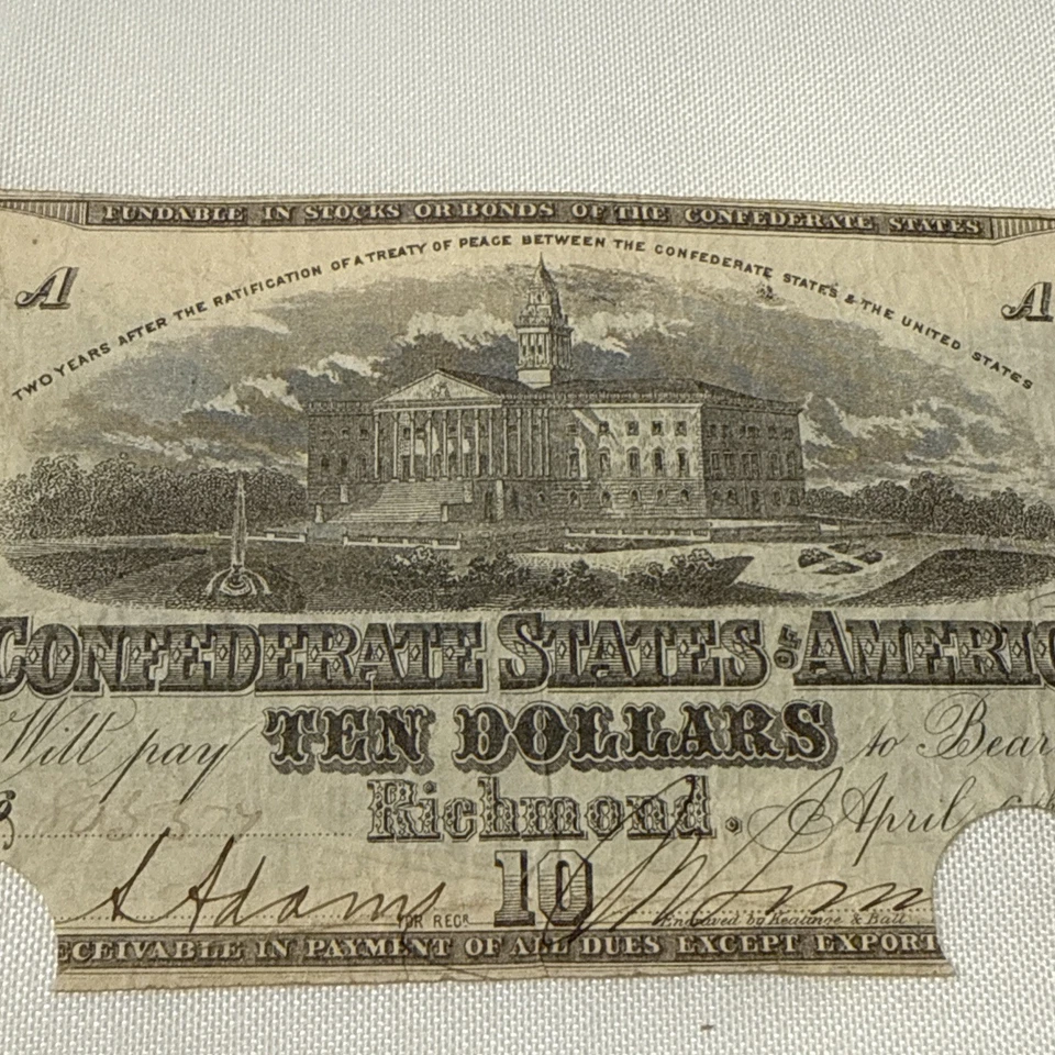 1863 $10 The Confederate States Of America Note Richmond - Image 3 of 4