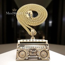 BOOMBOX CZ Pendant 4mm 18" 20" 24" Brass Cuban Chain Hip Hop Retro Necklace