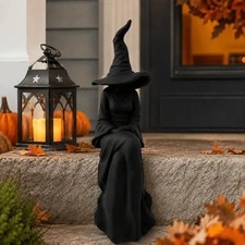 Halloween Faceless Witch Figurine   Black Sitting Witch Wall Hanging Resin Decor