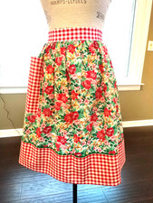 KITCHEN APRON w/POCKET w/All-over CHRISTMAS FLORAL PRINT/Red Gingham Trims, NEW