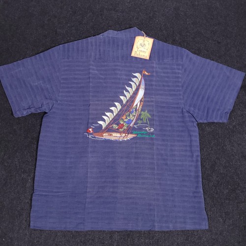 Tommy Bahama Hawaiian Silk Shirt Mens 2XL Blue Striped Boat Embroidered Camp New - Picture 14 of 17