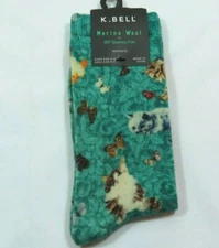  K Bell Womens Merino Wool Blend Kittens Butterflies Green Crew Socks Size 9-11