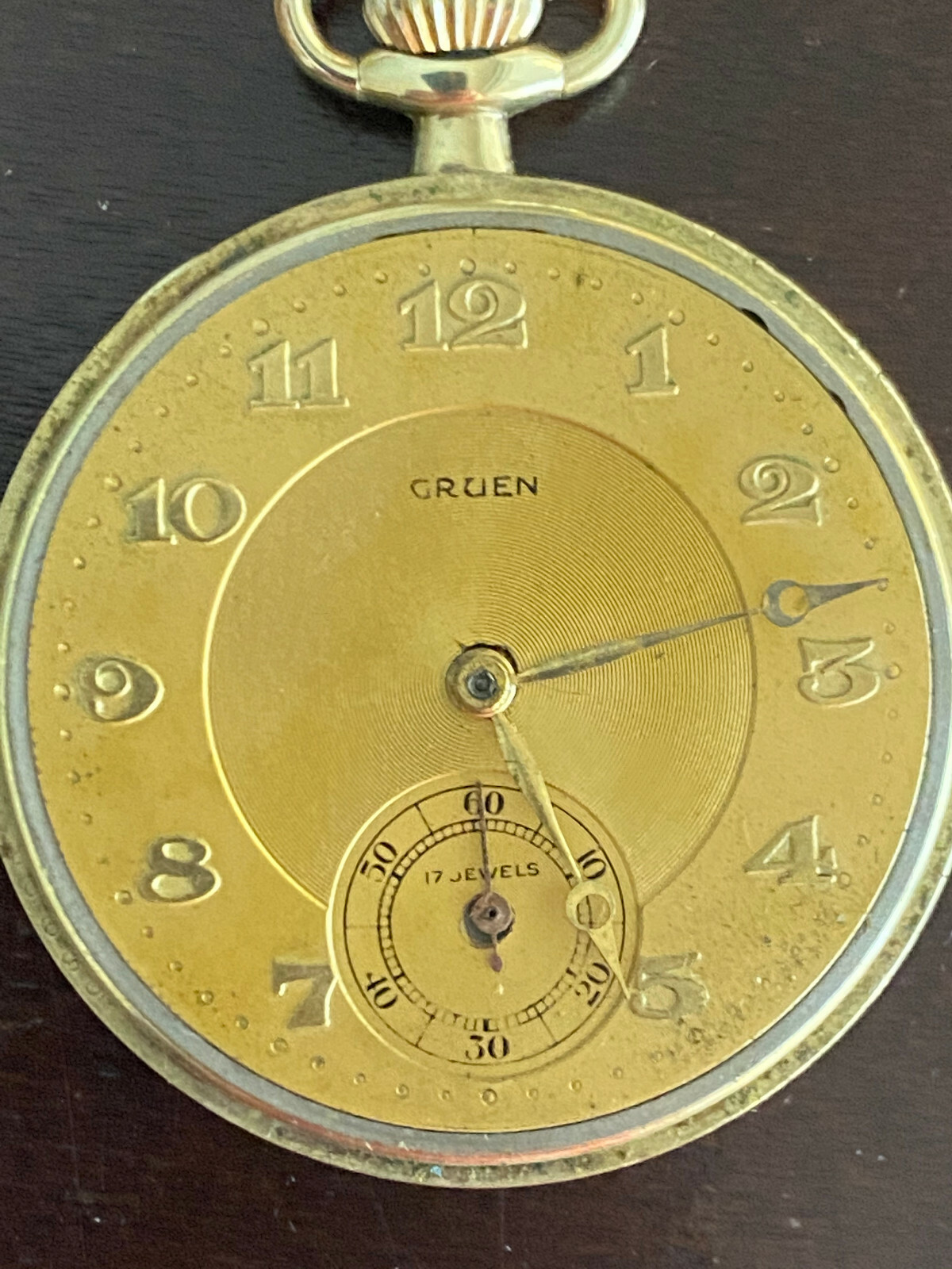 VINTAGE 43MM GRUEN POCKET WATCH,GR.754,GREEN GOLD FILLED CASE , KEEPING