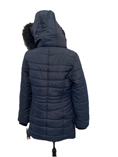 Below Zero By Rothschild Coat Women’s Large Navy Blue Faux Fur Trim - Picture 9 of 14