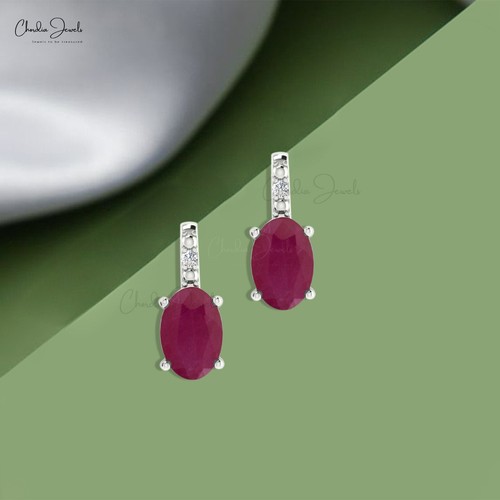 14k Solid Gold Ruby Earrings Diamond Accent Prong Set July Birthstone Studs Gift - Picture 21 of 22