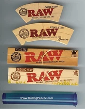 RAW King Size Slim Classic & Organic Hmp Rolling Papers+CONE TIPS+Storage TUBE