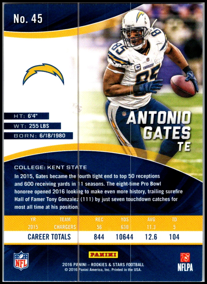 2016 Panini Rookies & Stars   #45 Antonio Gates FREE SHIPPING! - Image 2 of 2