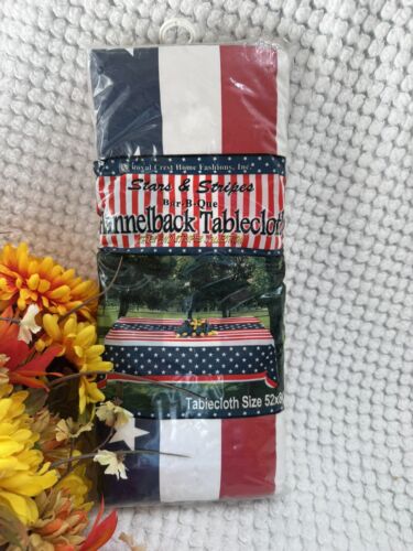 Patriotic Stars & Stripes Flannelback Tablecloth 52”x84” BBQ Vinyl Royal Crest