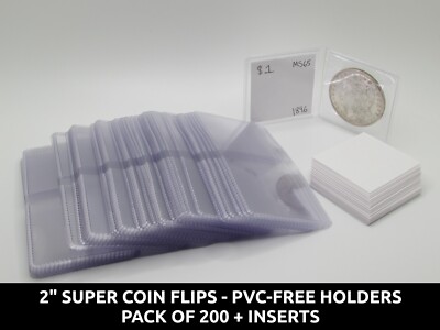 200 Pack 2x2 Super Coin Flips + paper inserts - PVC-Free Plastic Holders
