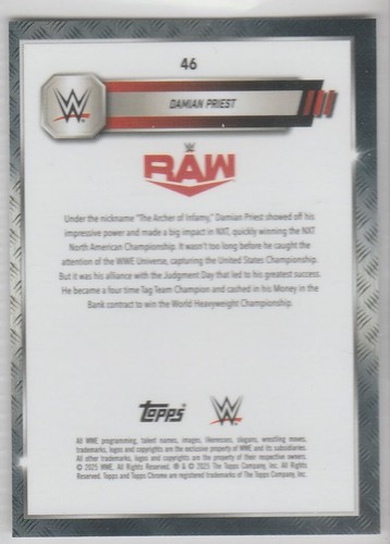 TOPPS 2025 CHROME WWE RAW BASE CARD #46 DAMIAN PRIEST PLAIN CHROME BORDER - Picture 2 of 4