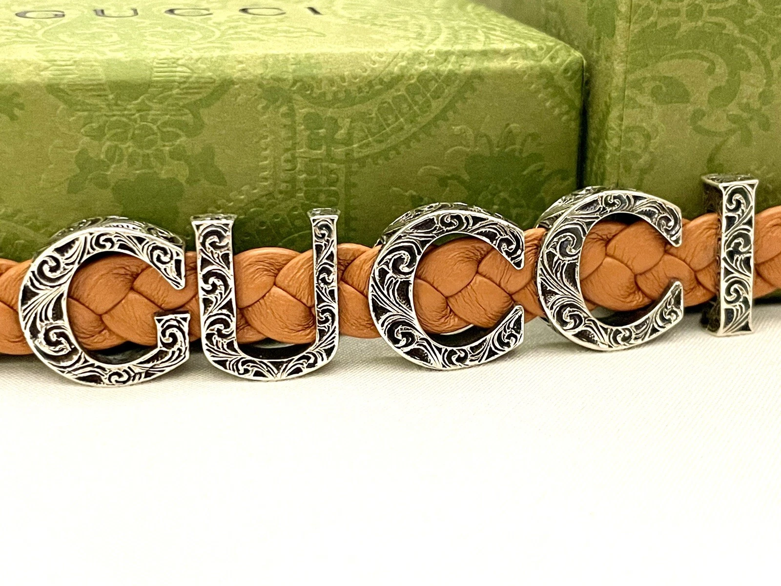 Bracelet GUCCI cuir tressé/argent jardin écriture taille 18 unisexe neuf avec boite