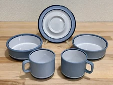 ARITA Genesis Blue Lot Of 5 Saucer Bowls & Cups Replacement Stackable Japan Made