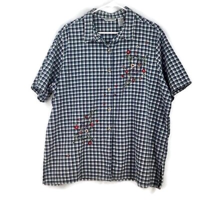 Cabin Creek 3x Blue Plaid Check Embroidered Floral Button Plus