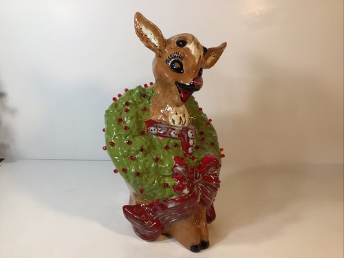 SELTENE Vintage Weihnachten kitschige Keramik Rentier Form mit rot beleuchtetem Kranz 12 Zoll - Bild 12 von 24