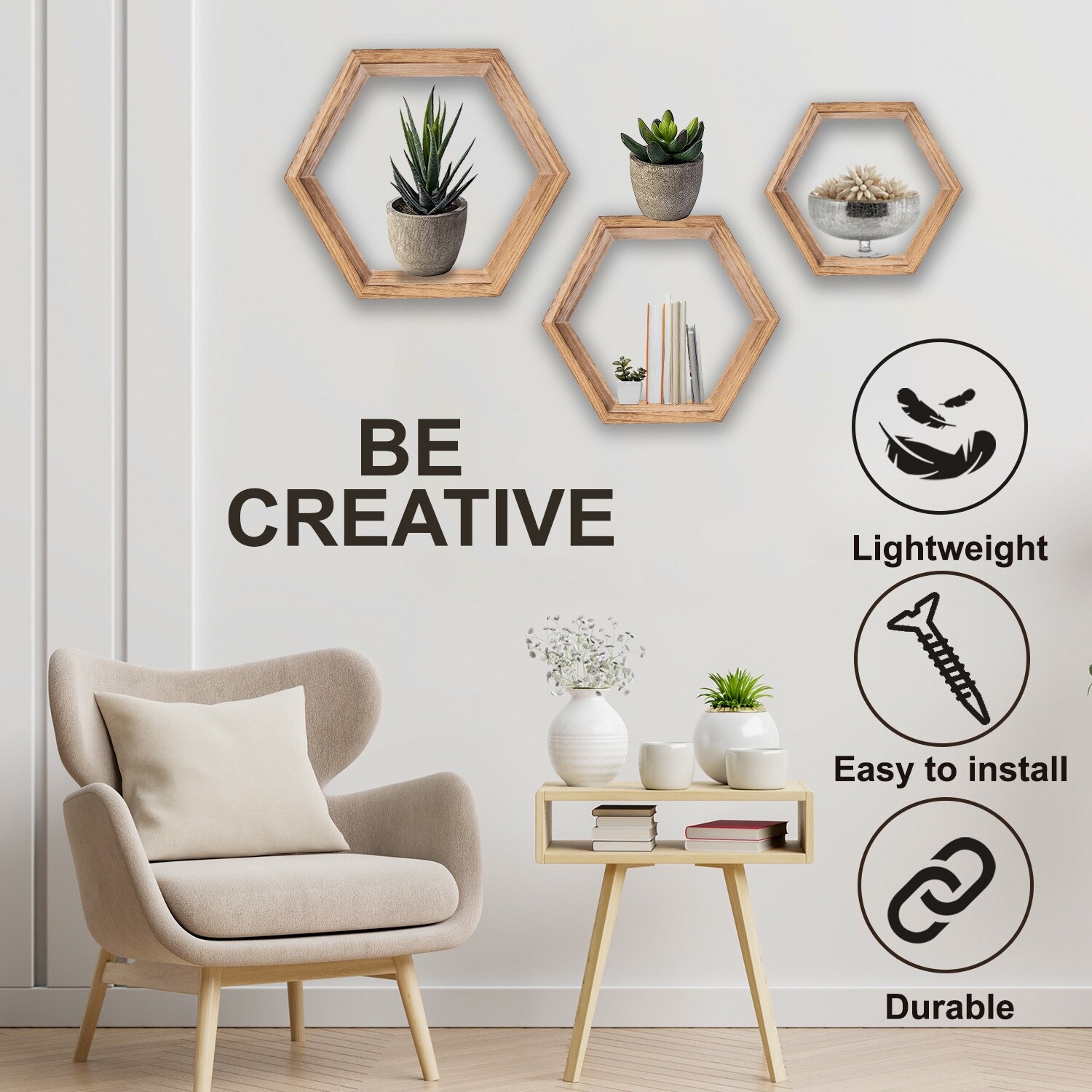 XL Hexagon Floating Shelves Set of 3 Plant Hexagon Shelf Wood Hex