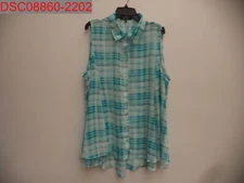 NWOT- Time Line Plus Women's Teal Plaid Sleeveless Button Down T-Shirt, Size 3X