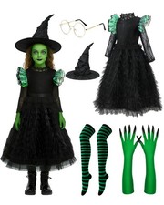 Girls Witch Costume - Halloween Black Ruffled Dress with Hat and Green Gloves