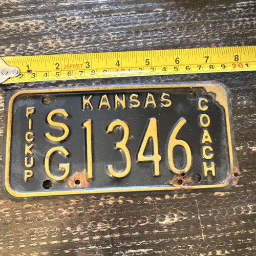 Kansas Pickup Coach License Plate SG1346 Black Yellow Vintage Collectible