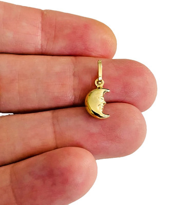Real 14K Gold Moon Pendant 0.67''  3D Celestial Half Moon Face Petite Charm-PT474