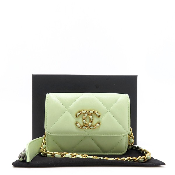 Chanel AP2450 light green color lambskin gold metal 19 nineteen mini flap chain