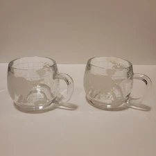 Vintage Set of 2 Nestle Nescafe World Globe Etched Glass Coffee Mugs Cups
