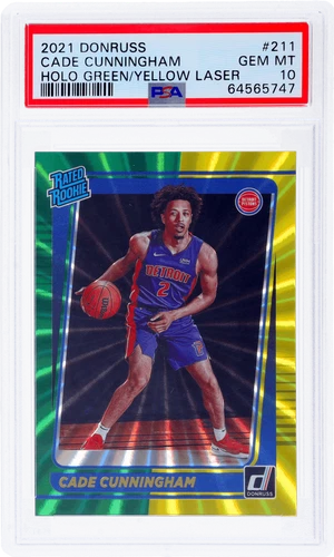 2021 Donruss Cade Cunningham Rated Rookie Green and Yellow Holo Laser PSA 10 RC