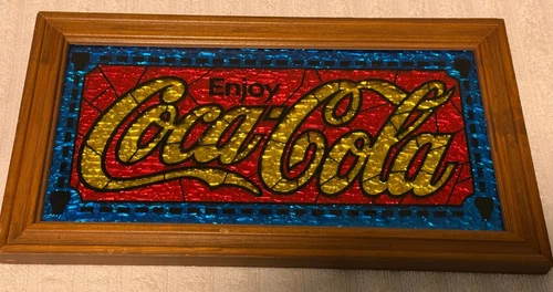 VINTAGE COCA-COLA FOIL SIGN - Wooden Frame - Advertisement - 13.5x7.5 - USED