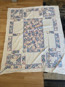 Vintage  White Cotton Tablecloth Blue Flowers 63”x50”