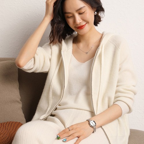Damen Kaschmir Kapuze Langarm Strick Cardigan Pullover Reißverschluss Mantel Freizeit Locker - Bild 25 von 28