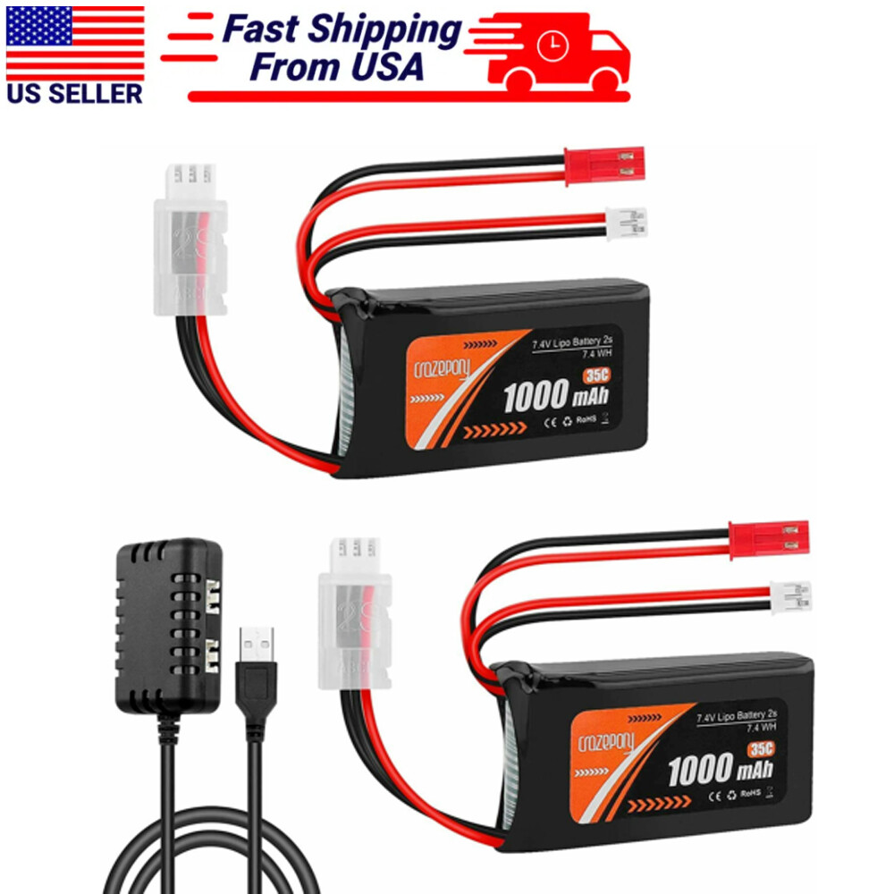 10 c 1000mah lipo battery 2S 1000mAh 7.4V Lipo Battery SCX24 PH2.0 & JST Plug 35C+2in1 USB Charger 1/ 10 RC