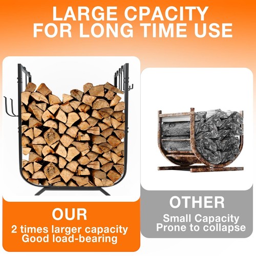 41Gal Firewood Rack Holder with 6 Hooks, Sturdy In/Outdoor Log Storage Organizer - Picture 7 of 12