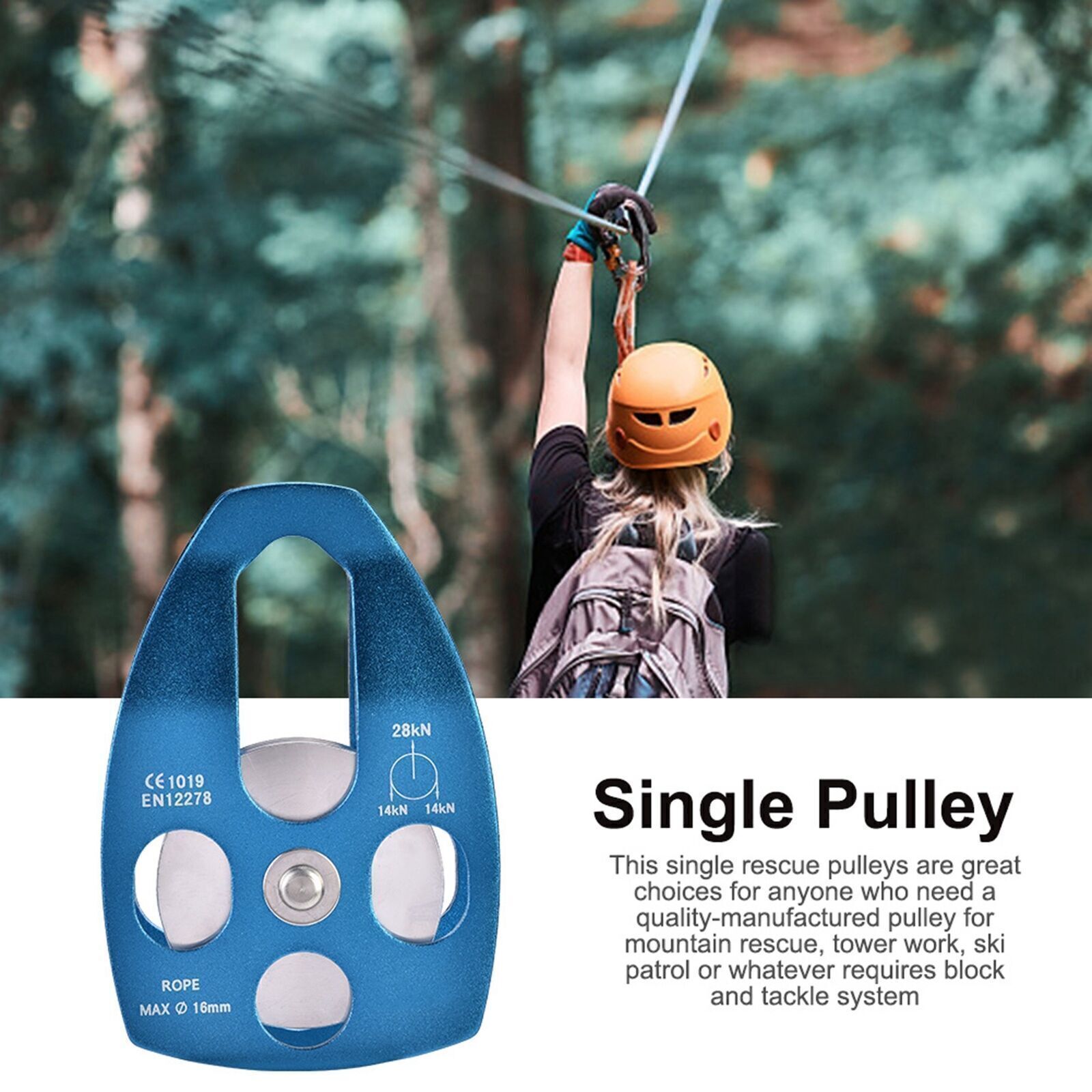 Outdoors Climbing 32KN Rescue Pulley Single Sheave with Swing Plate (Blue)