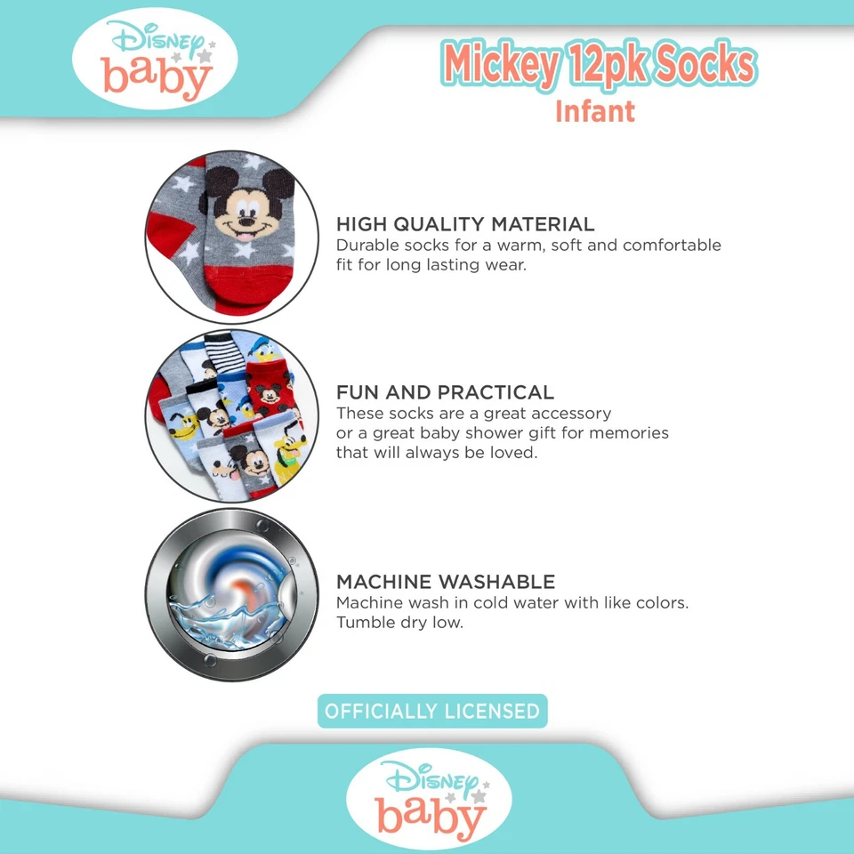 Disney 12 pares de calcetines para bebé, calcetines infantiles Mickey Mouse, calcetines para recién nacidos edades 0-24M Foto 4 de 4