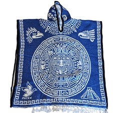 Mexican Pancho Blanket Jorongo Aztec Design And Mexican Emblem Blue One Size