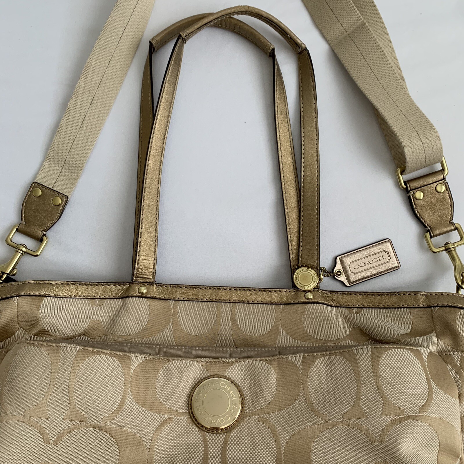 COACH Signature Stripe Gold Bronze Diaper Bag Gem
