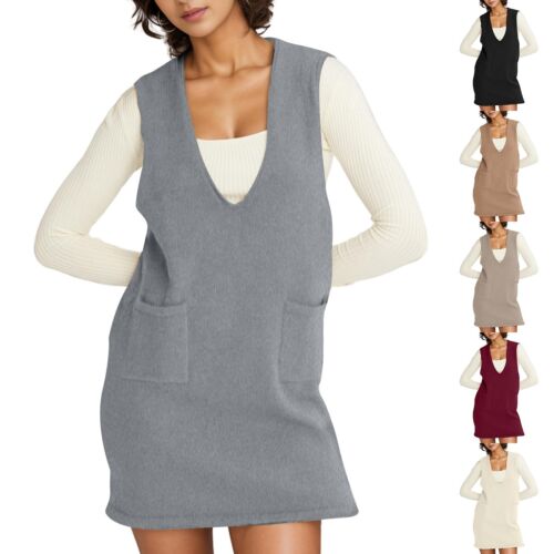 Women's Fashion Loose Vest Casual Pocket Sweater Solid Color Back Dresses