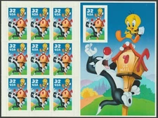 Scott #3205 MNHOG Sylvester and Tweety  1998  Pane of 10 Imperforate MSA_02-3