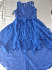 Amy Wear Girls Blue Seguin Leaves Pattern On Top Dress Size 14