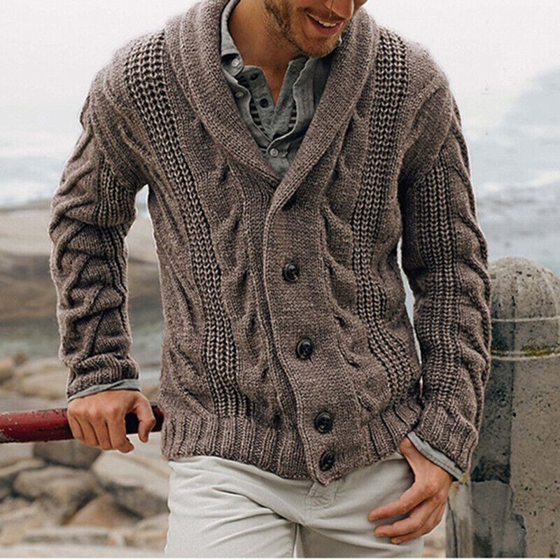 Mens Chunky Collar Cardigan Sweater Buttons Knitted Jumper Coat