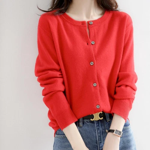 Cárdigan suéter simple de mezcla de cachemir para mujer color liso cuello redondo chaqueta abrigo - Imagen 17 de 37