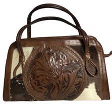 Victoria Satchel Shoulder Bag Tooled Genuine Leather Calf Hair Vintage Mexico