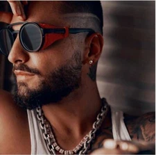 Men's Women Sunglasses Vintage Steampunk Side Shields Leather Round New Shades