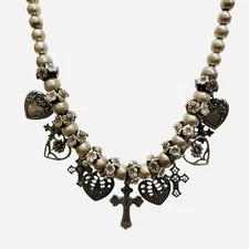 Beaded Charm Necklace Hearts Crosses Flowers Silvertone Beads Statement