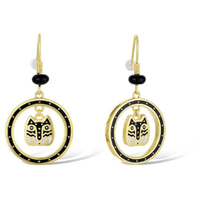 Polka Dot Gatos Cat Face Whirl Laurel Burch Drop Earrings Black - 5145