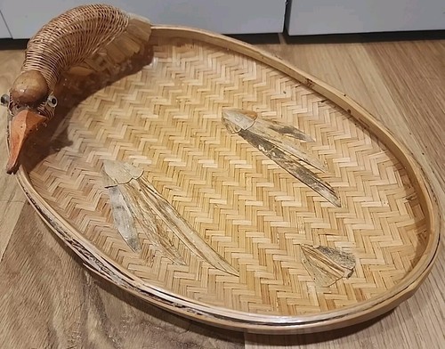 Asian Goose / Duck Shallow Nesting Flat Basket Bamboo Wicker - Lot of 4 Vintage - Picture 5 of 8