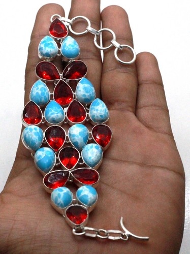 Bracciale gioielli fatti a mano argento sterling 925 Larimar e pietre preziose granate misura-7-8 - Foto 2 di 2