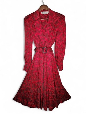 1980s Adele Simpson Red and Black Printed Silk Vintage Dress Size 8
